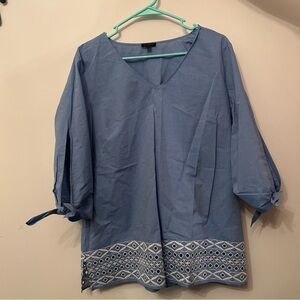Talbots Blue Gray and White Relaxed Tie Blouse